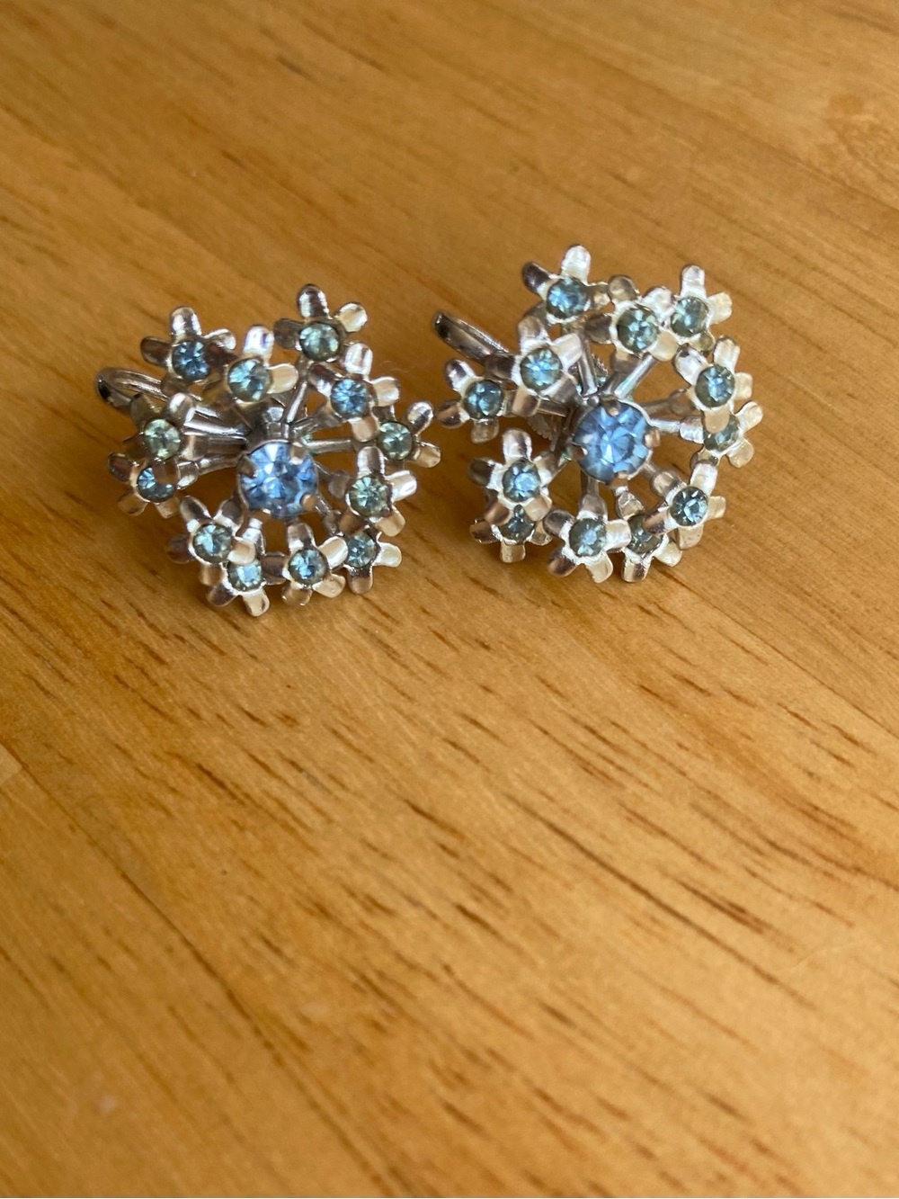 Vintage Coro 1940s Silver-Tone and Blue Flower Bloom Screw Back Earrings